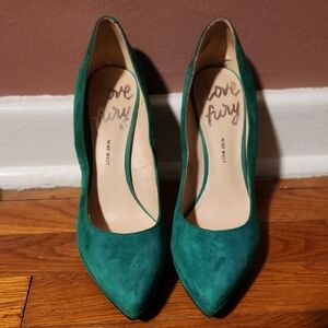 Nine West Love Fury Teal Green Suede Platform Heels Size 8.5M
